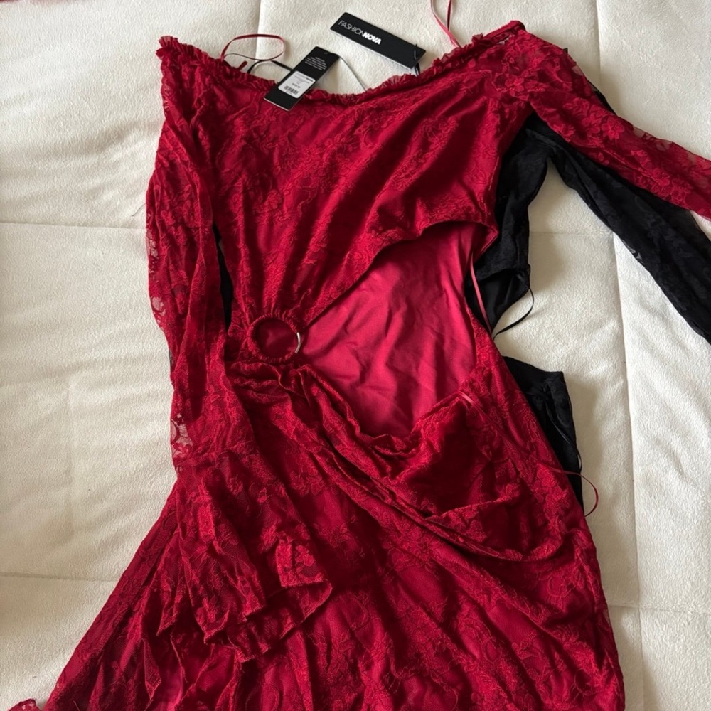 Fashion Nova Asymmetrical Red Lace Dress